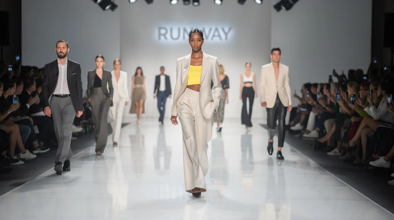A vibrant fashion runway features models showcasing contemporary clothing that reflects the latest fashion trends, with unique silhouettes and innovative designs that embody the creativity and influence of the fashion industry. The scene captures the essence of high fashion, highlighting the intersection of style and cultural movements in today's fashion world.