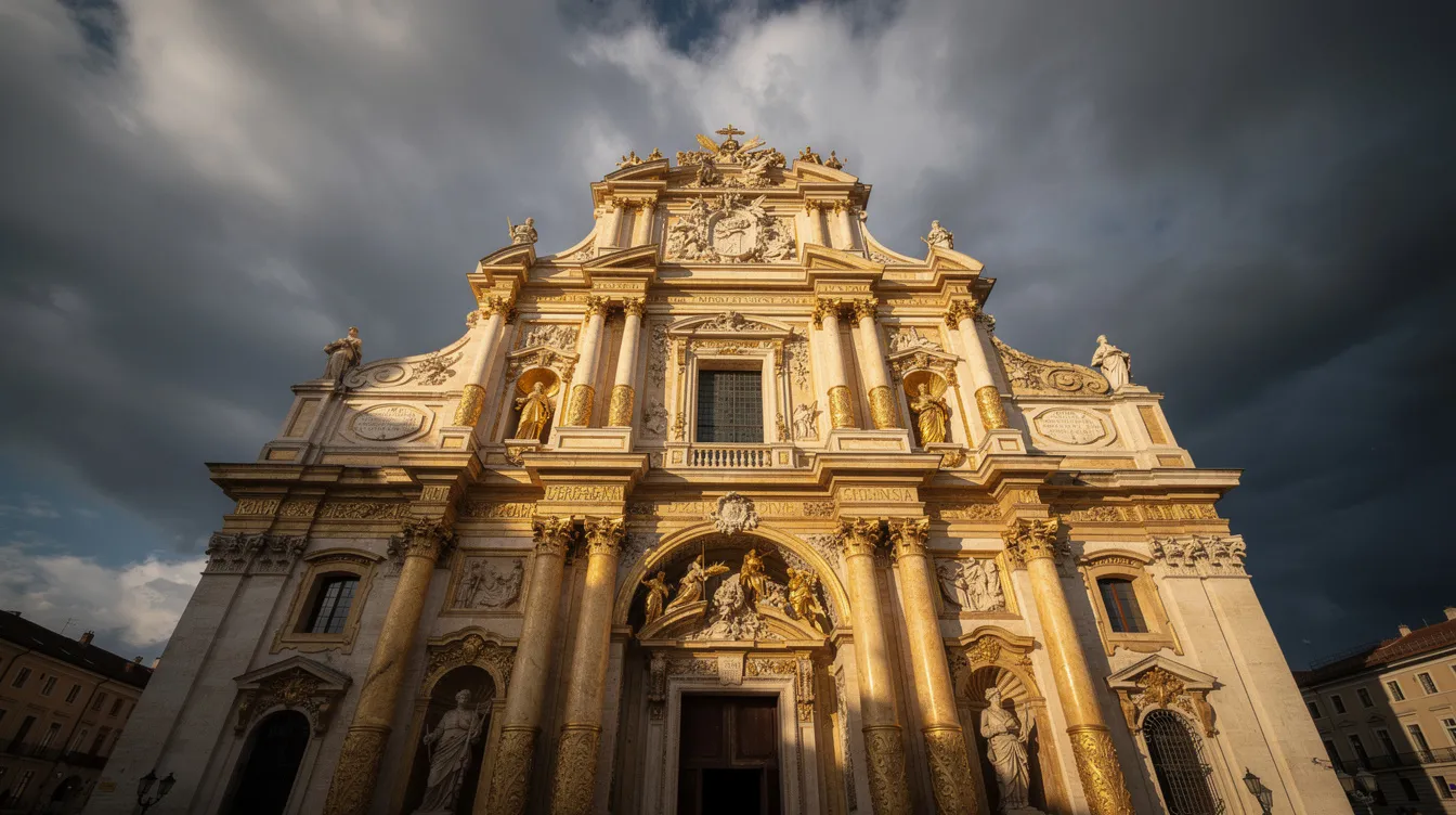 Das Bild zeigt eine prächtige barocke Kirchenfassade mit opulenten goldenen Verzierungen, die im Kontrast zu einem dramatischen Wolkenhimmel steht. Diese Darstellung spiegelt die Merkmale der Barockepoche wider, die durch Pracht und Ausdrucksstärke gekennzeichnet ist.