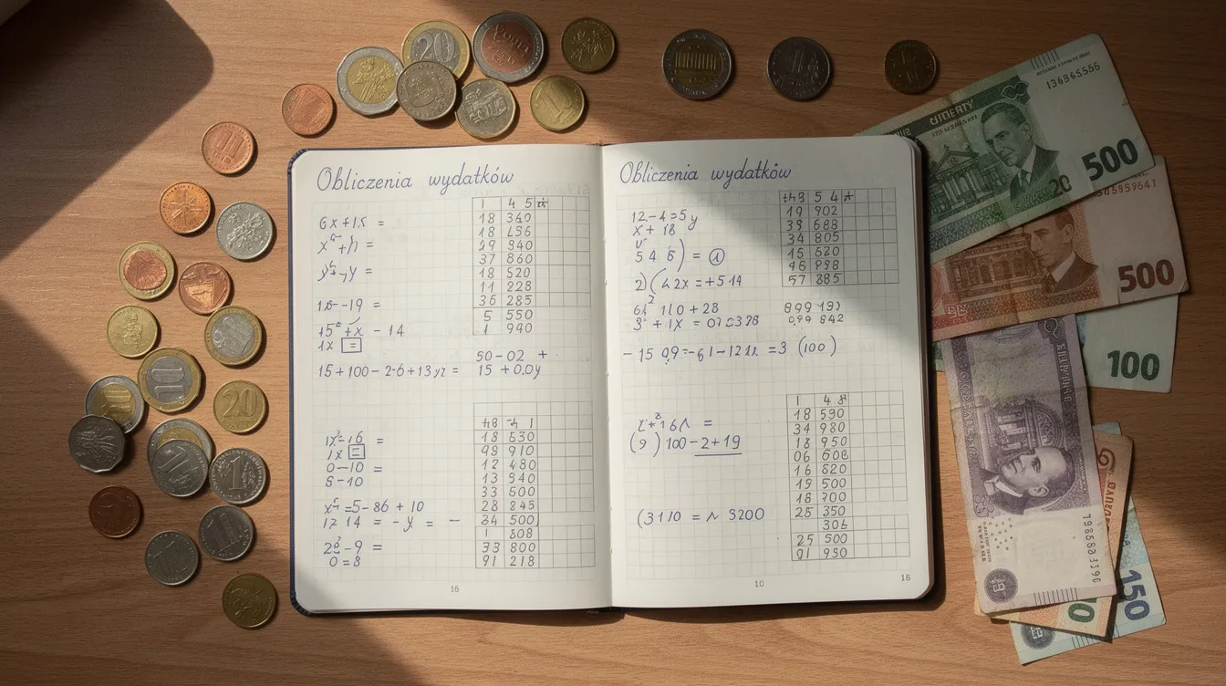 Na zdjęciu znajdują się monety i banknoty rozłożone obok zeszytu z obliczeniami, w którym można znaleźć liczby całkowite, ułamki zwykłe oraz wyrażenia algebraiczne, co sugeruje temat matematyki dla klasy 6. Zeszyt ćwiczeń zawiera materiały do powtórzenia wiadomości oraz obliczeń związanych z procentami i dziesiętnymi ułamków zwykłych.