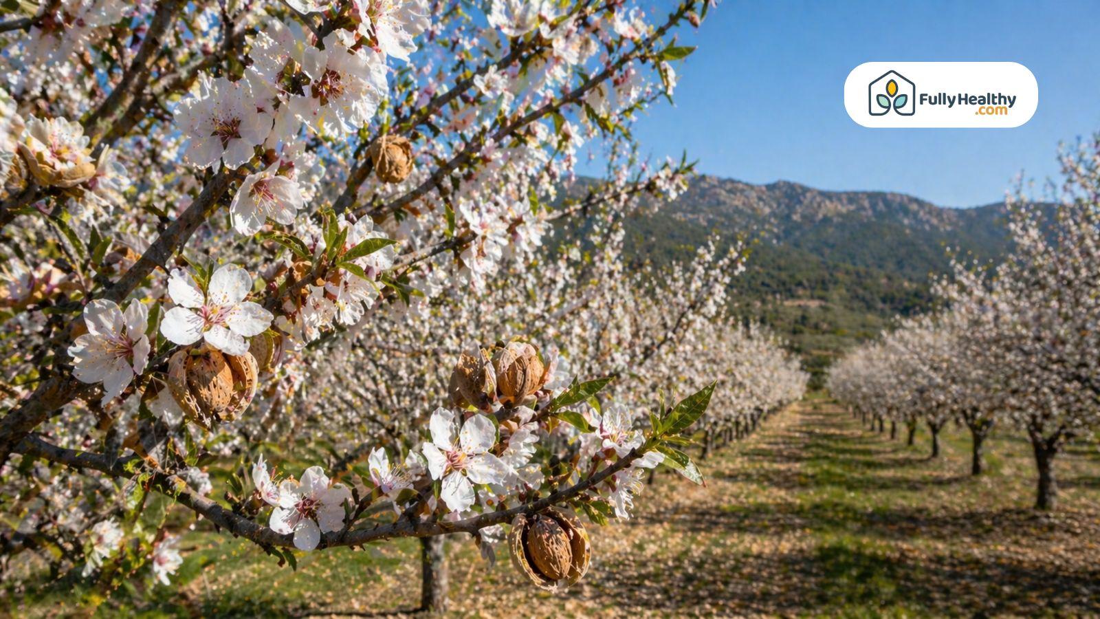 Almond blossoms blooming across orchard rows with mountains in background