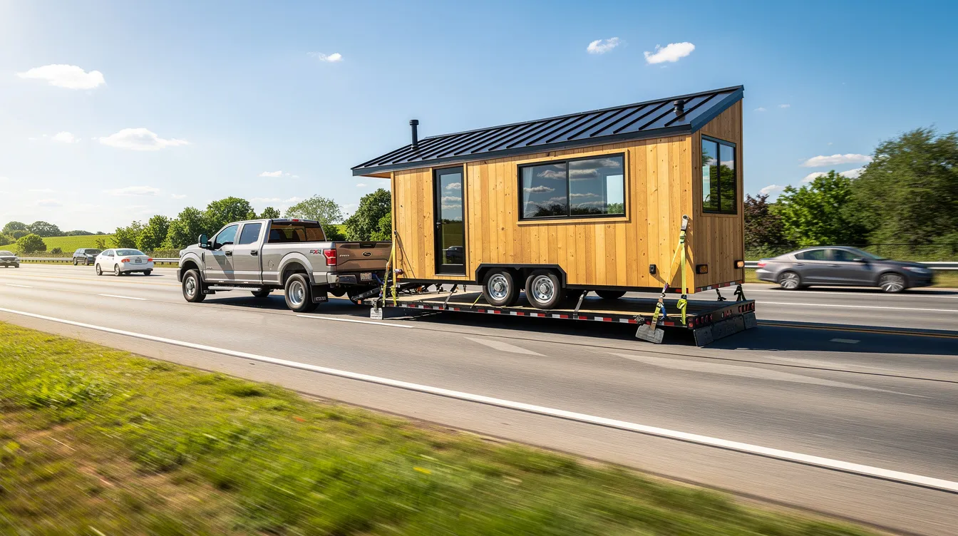A tiny house is being transported on a flatbed trailer along a highway, showcasing its compact design and modern features. This road-legal tiny home represents the craftsmanship of trusted tiny house builders, emphasizing the growing popularity of tiny living.