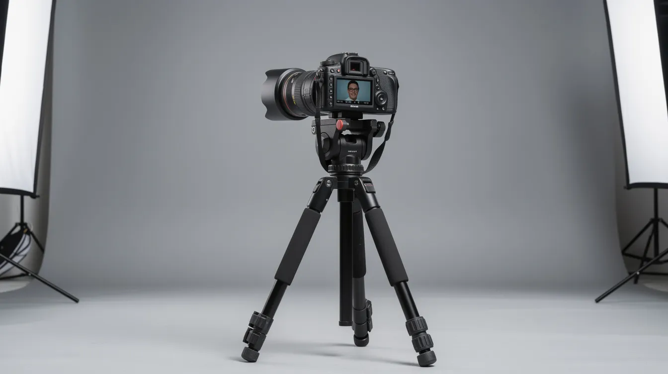 A professional camera is set on a tripod to capture a close-up of a person's face against a neutral gray background, focusing on the nasal appearance and facial features. This setup is ideal for documenting cosmetic procedures, such as surgical rhinoplasty or non-surgical nose jobs, which aim to enhance the shape and symmetry of the nose.