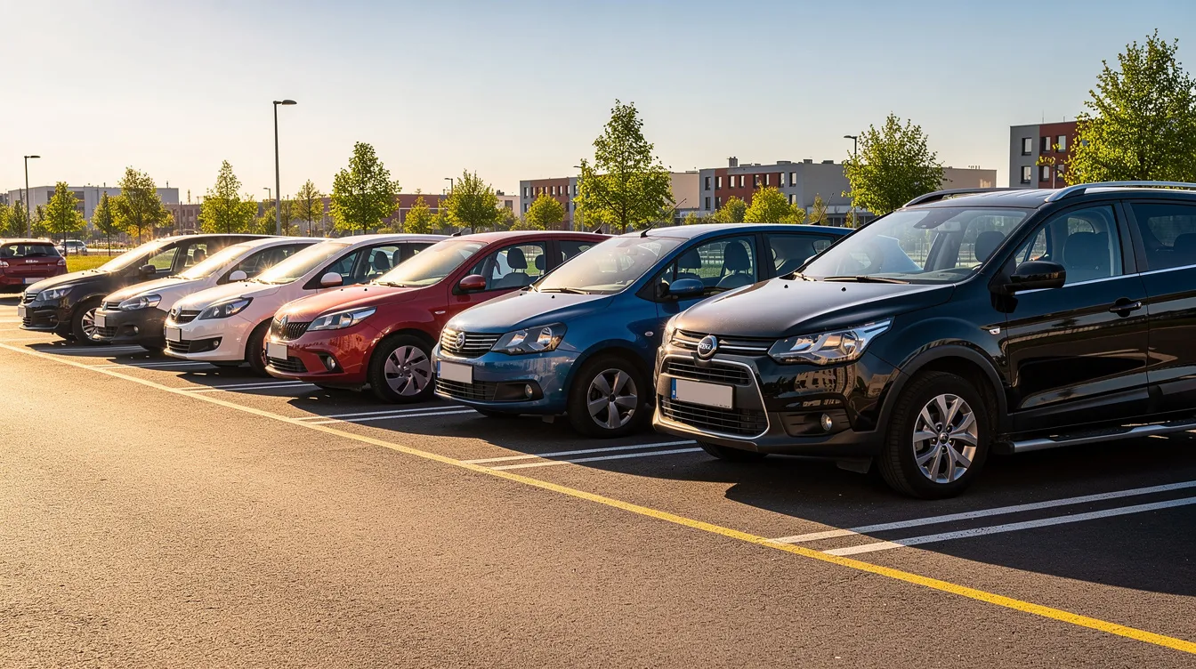 Dans un parking ensoleillé, plusieurs voitures de différentes tailles sont garées côte à côte, offrant un large choix pour les clients cherchant à louer une voiture à l'aéroport de Fès Saïs. Ce lieu de stationnement témoigne de la diversité des véhicules disponibles pour répondre aux besoins des voyageurs.