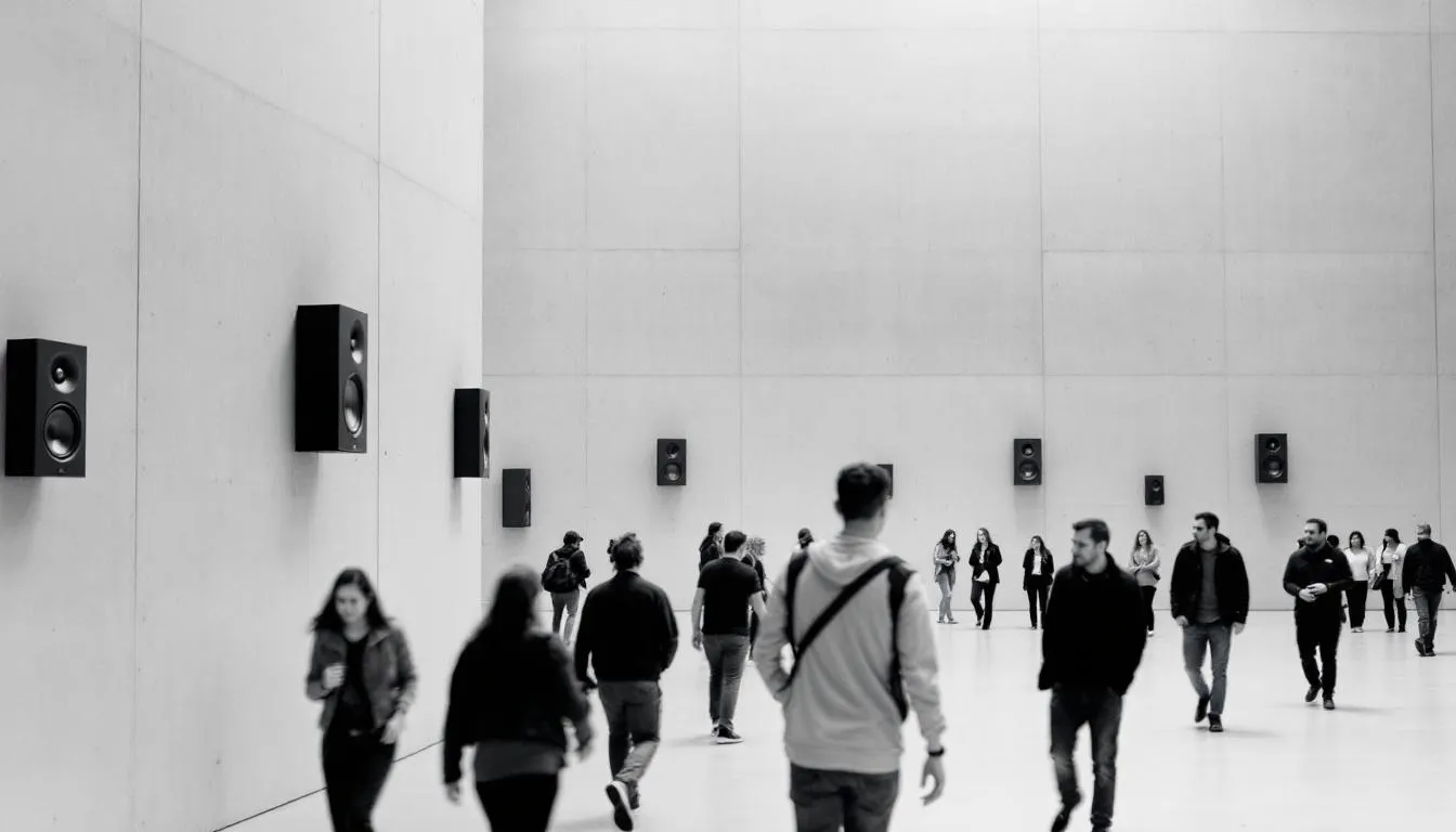 In einem großen Raum bewegen sich Menschen zwischen unsichtbaren Lautsprechern an den Wänden, die eine vielfältige Geräuschkulisse erzeugen. Diese Klanginstallation lädt die Besucher ein, die Grenzen zwischen Kunst und Musik zu erkunden und die verschiedenen Klänge bewusst wahrzunehmen.