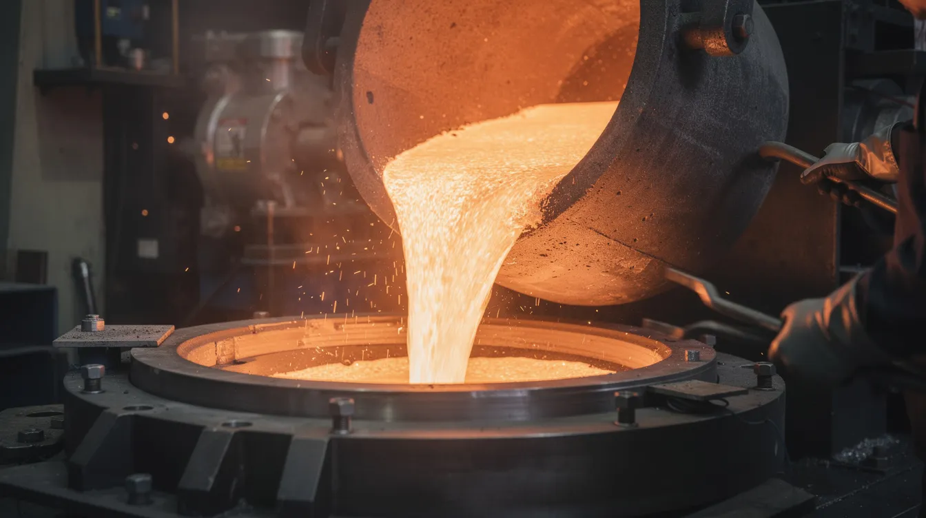 The image depicts molten aluminum being poured from a crucible into a die casting machine chamber, showcasing the die casting process used for producing complex shapes and high precision metal parts. This manufacturing technique allows for high volume production while achieving tighter tolerances in the finished cast parts.