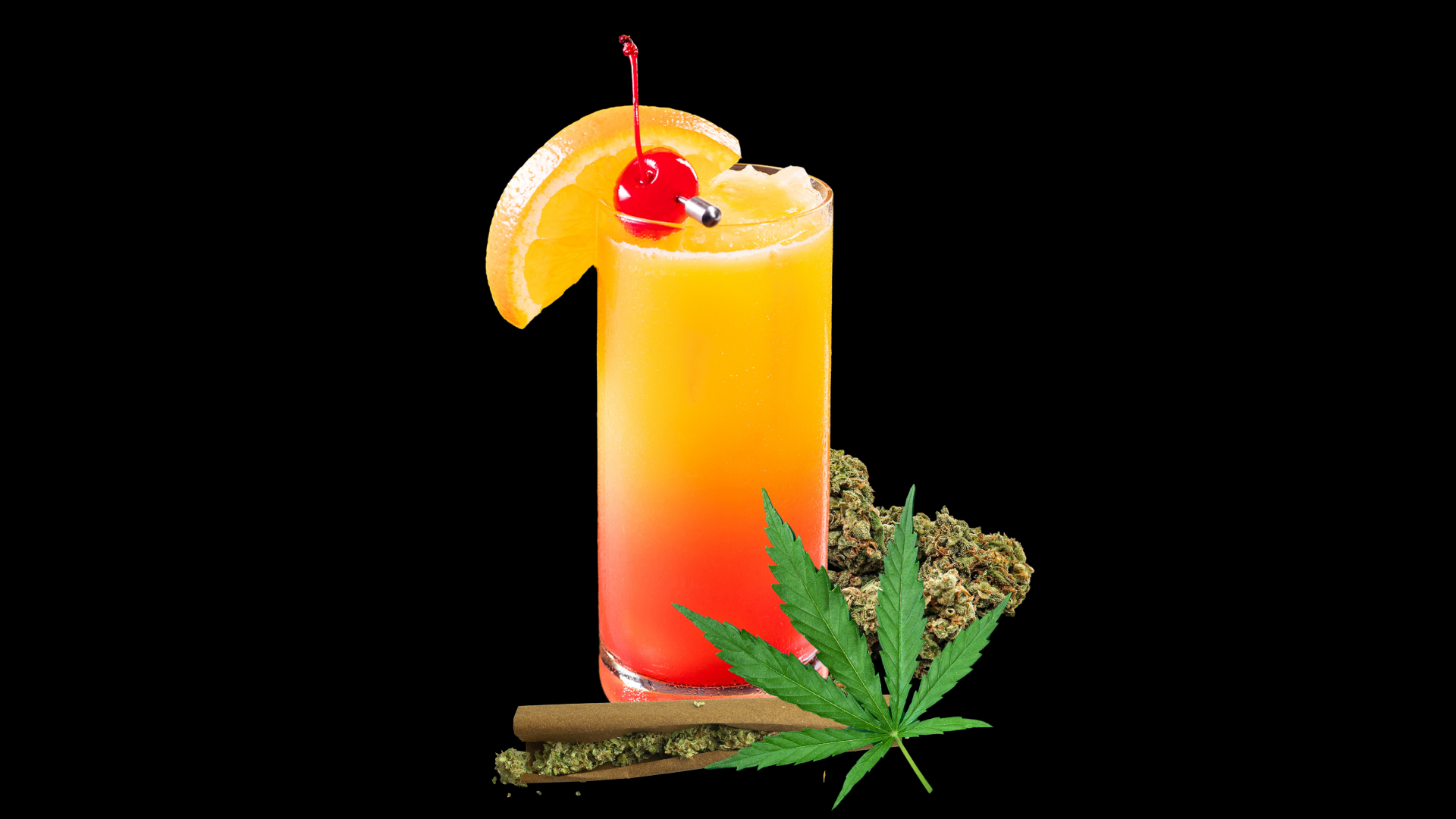 cannabis-infused sunrise cocktail, cannabis weed leaf and blunt