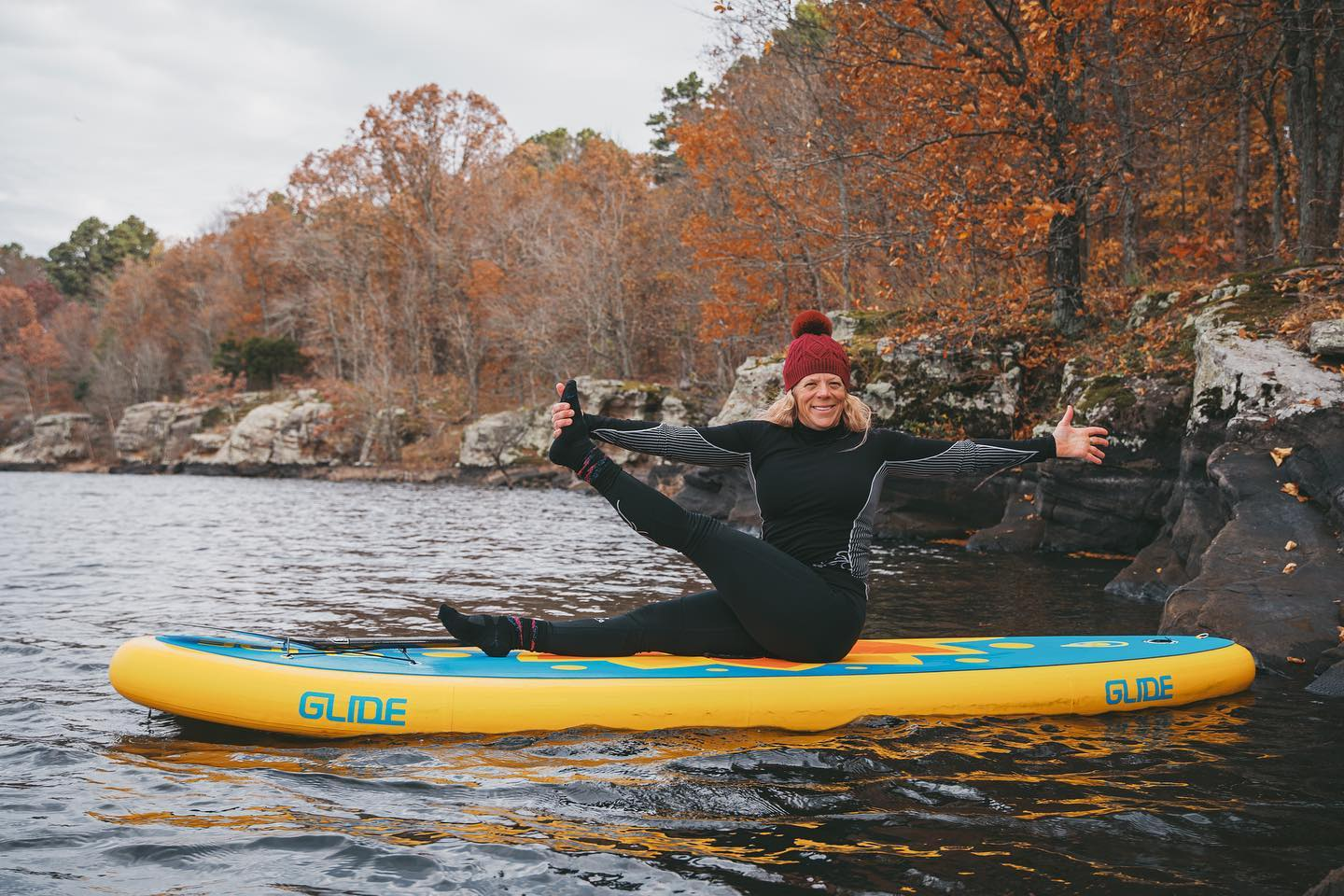 yoga on an inflatable sup board