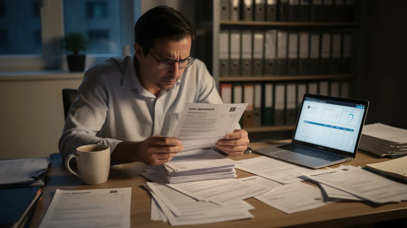 1bec7cf5 1551 4d80 82ed f079b6815cea A small business owner sits at a desk, looking worried as they review loan documents, possibly related to a business loan or a Mudra loan project report. The expression on their face suggests concern about the financial projections and repayment schedule outlined in the documents.