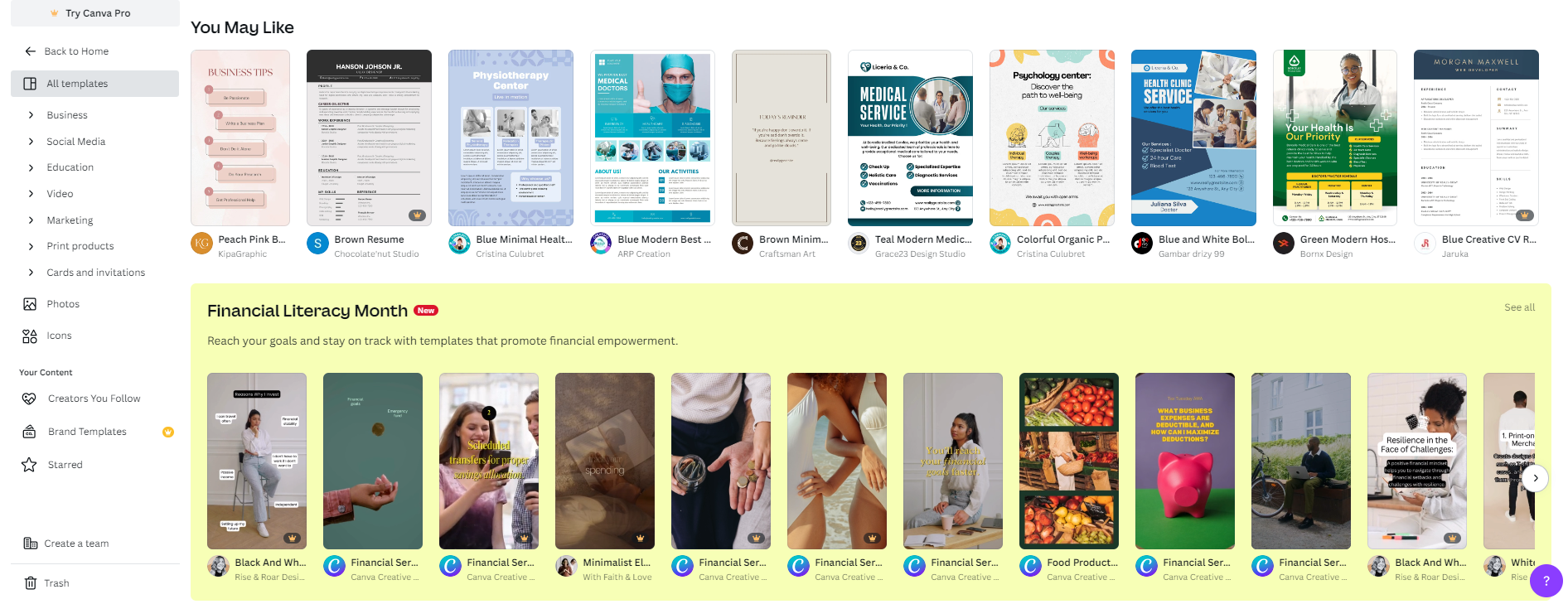 Some of the templates availabe in Canva