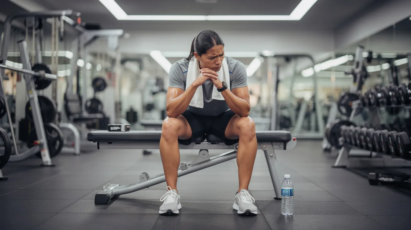 Een persoon zit op een bank in de sportschool en neemt een welverdiende rust tussen twee sets door, terwijl hij zich voorbereidt op de volgende trainingsprikkel. Deze pauze is essentieel voor spierherstel en helpt om zijn prestaties naar een hoger niveau te tillen.