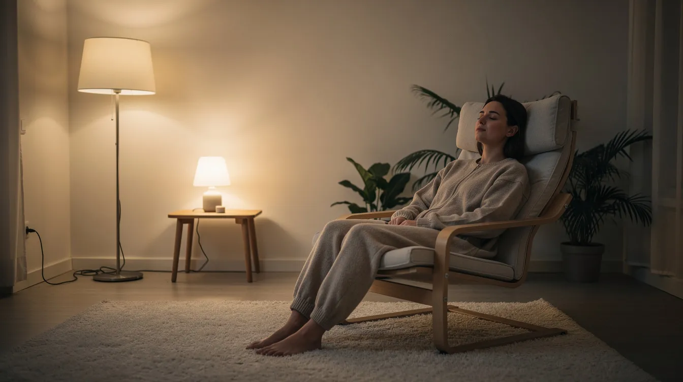 Eine Person sitzt entspannt in einem ruhigen Erholungsraum, umgeben von gedämpftem Licht, das eine angenehme Atmosphäre schafft. Der Raum fördert die Regeneration und Selbstfürsorge, ideal für eine Pause vom stressigen Berufsalltag und um die Konzentrationsfähigkeit zu stärken, besonders während der recovery phase von cannabinoid hyperemesis.