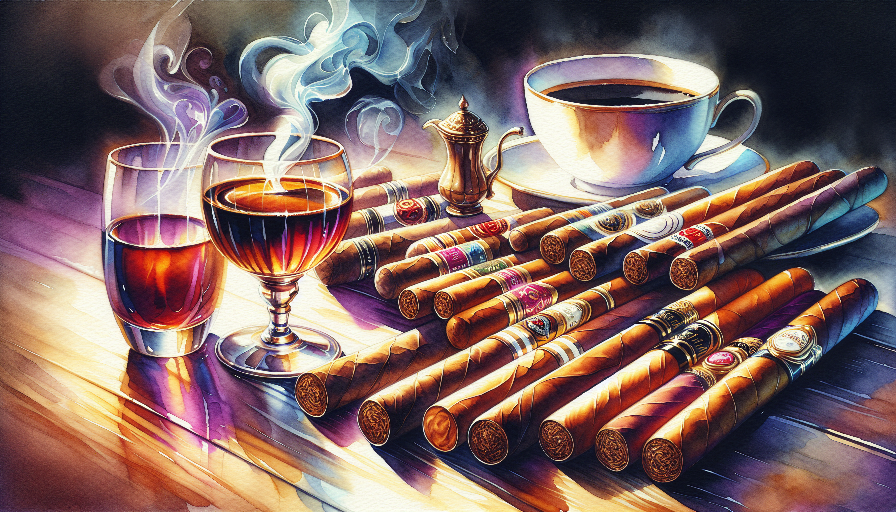 A watercolor painting of cigars paired with coffee and other beverages.