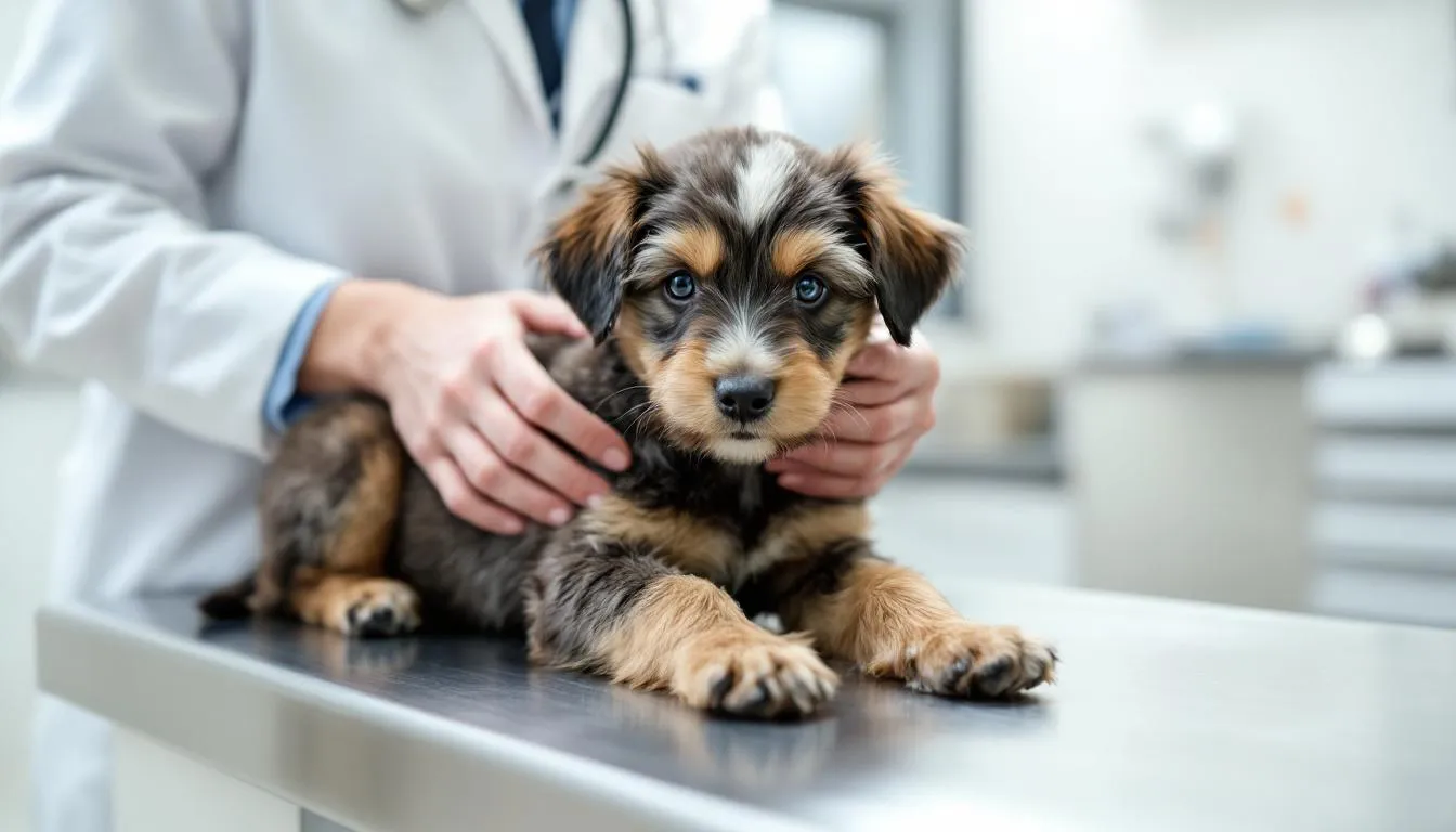 A veterinarian is carefully examining a mixed breed puppy during a routine check-up, ensuring the puppy