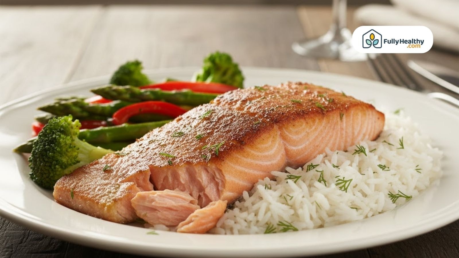Cooked salmon fillet served with rice and roasted vegetables on a dinner plate.