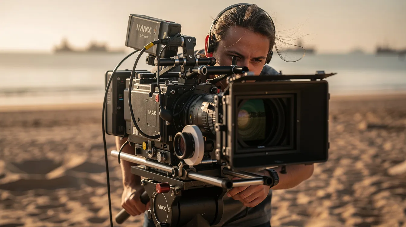 Eine Nahaufnahme eines Filmemachers, der hinter einer großen IMAX-Kamera auf einem sandigen Strand steht, während im Hintergrund das verschwommene Meer mit Schiffen zu sehen ist. Diese Szene könnte eine Hommage an die historischen Ereignisse der Evakuierung von Dünkirchen während des Zweiten Weltkriegs sein, die von Regisseur Christopher Nolan in seinem Kriegsfilm "Dunkirk" thematisiert wurde.