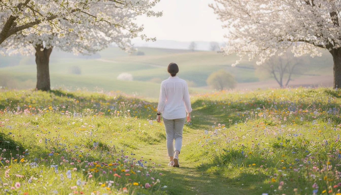 A person strolls through a vibrant spring meadow filled with blooming flowers and lush trees, embodying the beauty of nature during allergy season. The scene evokes a sense of tranquility, reminding us of the natural antihistamine properties found in certain foods that can help relieve allergy symptoms for those affected by seasonal allergies.