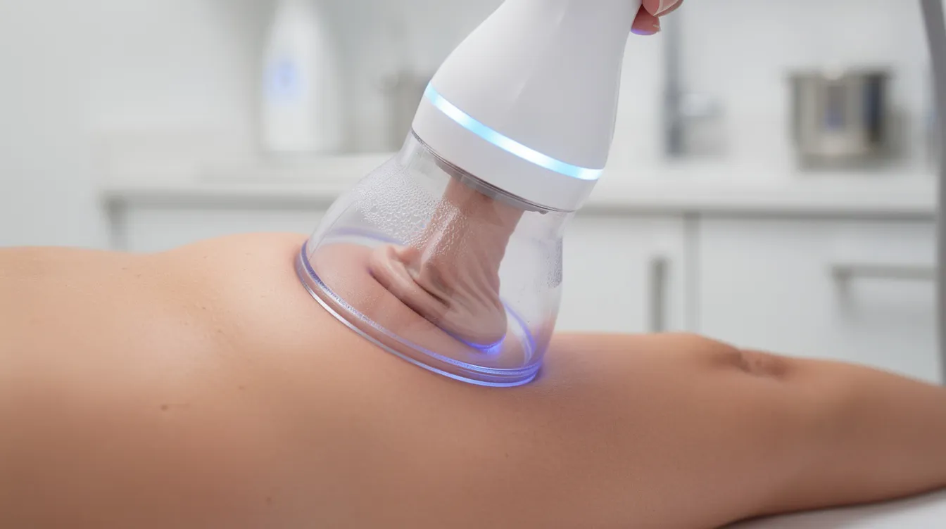 A close-up image shows a medical applicator suctioning a section of abdomen skin during a fat freezing procedure in a clean clinical setting, highlighting the non-invasive treatment aimed at reducing stubborn fat by freezing fat cells. The applicator is positioned on the treatment area, emphasizing the focus on fat reduction and body contouring.