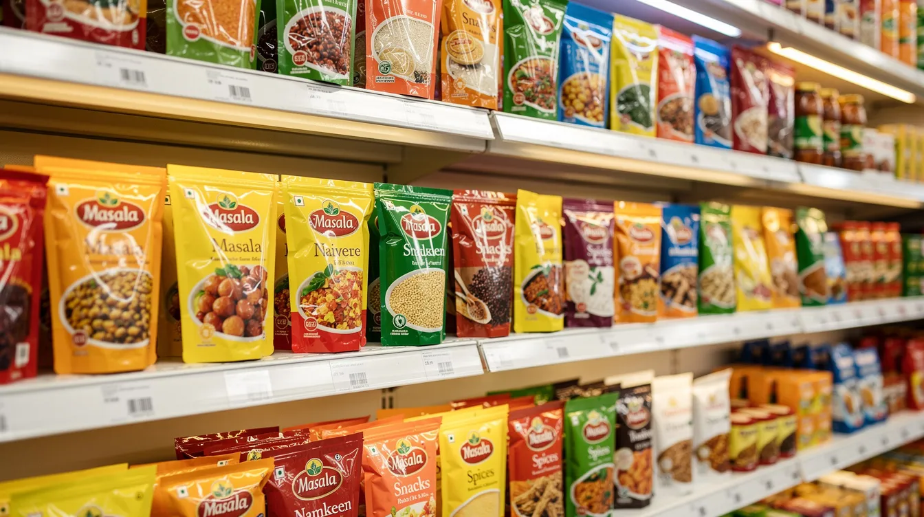 1bf75a35 3582 4be7 96fa ddb9921fc5d5 The image shows a modern Indian retail store shelf filled with an array of colorful packaged food products, including rice flakes and other snacks, highlighting the vibrant packaging typical in the food processing industry. This display reflects the market demand for convenient food options and the diverse offerings available in a poha manufacturing business.