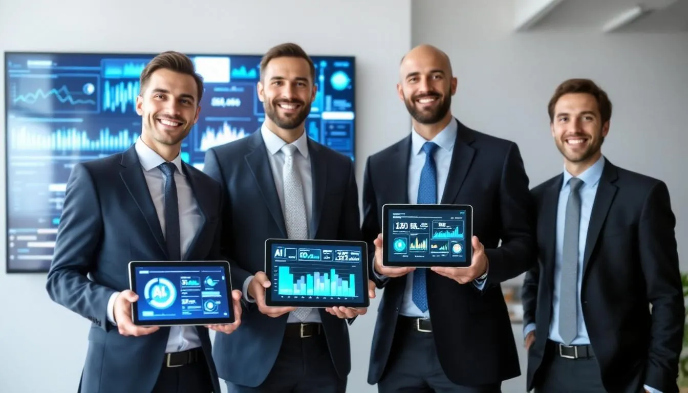 The image depicts a modern office environment where professionals from the big four accounting firms are engaged in discussions about auditing AI systems. They are using advanced AI tools to analyze client data, showcasing the integration of AI technologies in the accounting industry to enhance efficiency and improve service quality.