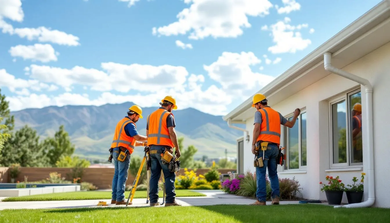 A team of professional workers is repairing downspouts on an upscale house in Pueblo, CO, surrounded by a scenic backdrop. They are focused on the installation process, ensuring quality craftsmanship to prevent water damage and protect the property.