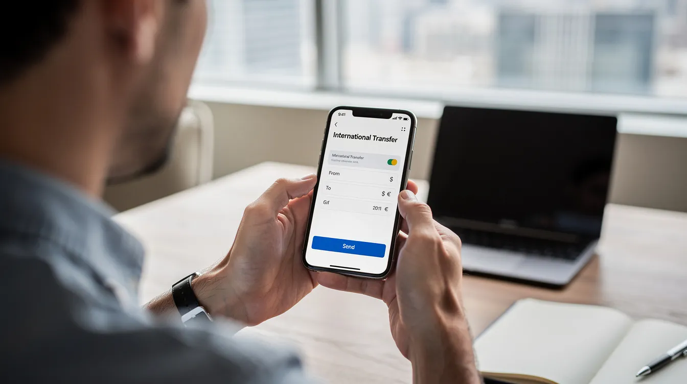 A person is sitting at a table, focused on their smartphone as they initiate an international money transfer. The device displays a user-friendly interface, highlighting the ease of sending money abroad while managing personal financial transactions.