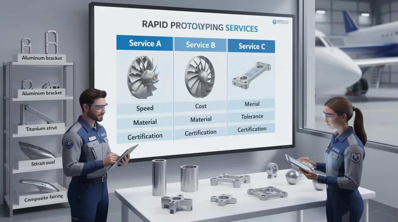 The image depicts a variety of aerospace components produced through rapid prototyping technologies, showcasing intricate details and high precision. It highlights different manufacturing methods, including CNC machining and direct metal laser sintering, emphasizing the importance of rapid prototyping services in the aerospace industry for creating functional prototypes and achieving cost efficiency.