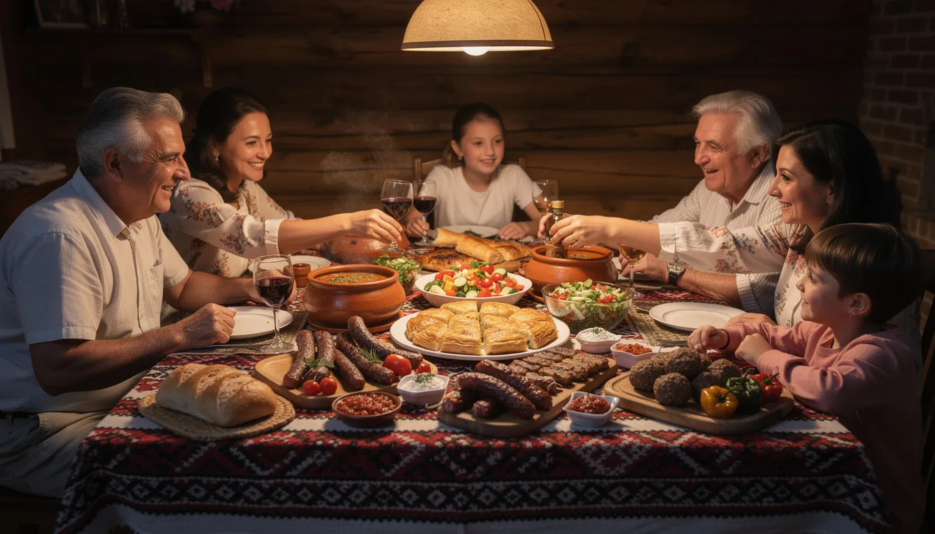 Una mesa tradicional búlgara está dispuesta con diversos platos típicos, incluyendo ensalada shopska, tarator y carne de cerdo, en un ambiente familiar acogedor. Los sabores de la gastronomía búlgara se destacan en esta comida, que invita a disfrutar de la rica historia culinaria del país.