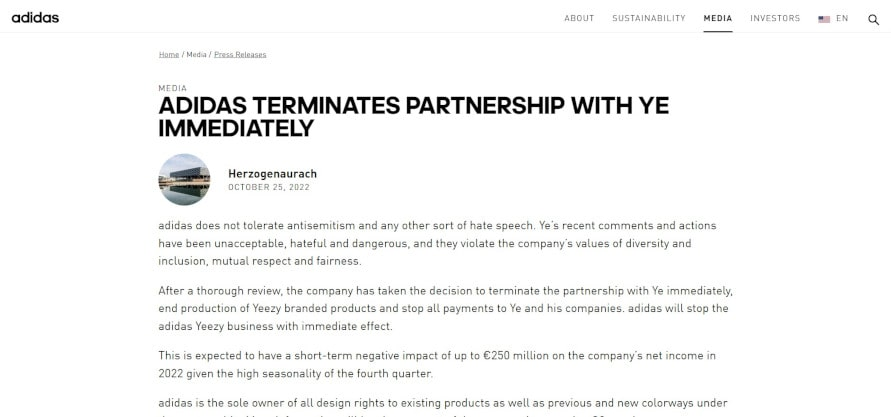 Successful crisis communication examples: Adidas terminates partnership with Ye immediately