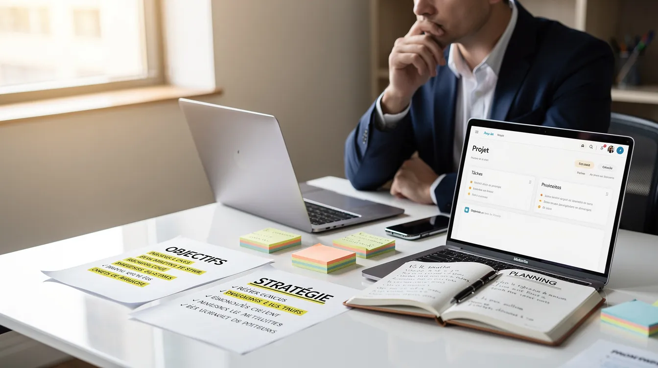 Un professionnel en pleine réflexion se tient devant un bureau lumineux, entouré de notes et d'un ordinateur, symbolisant son engagement dans le coaching de carrière et le développement personnel. Cette scène évoque une atmosphère de concentration et de plan d'action pour atteindre ses objectifs professionnels.