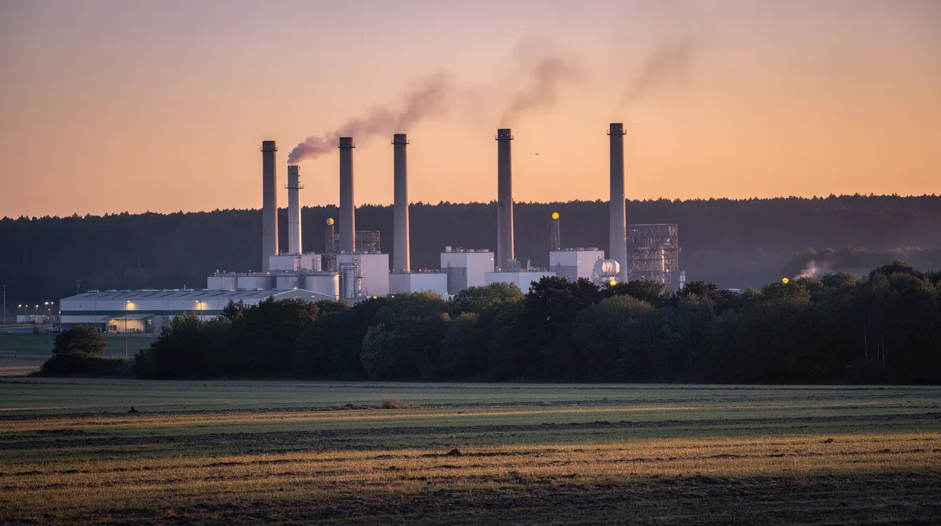 The image depicts an industrial facility with tall smokestacks silhouetted against a dusky sky, surrounded by a rural treeline. This scene captures the contrast between industrial development and natural landscape, reflecting the complex relationship between economic activity and environmental impact.