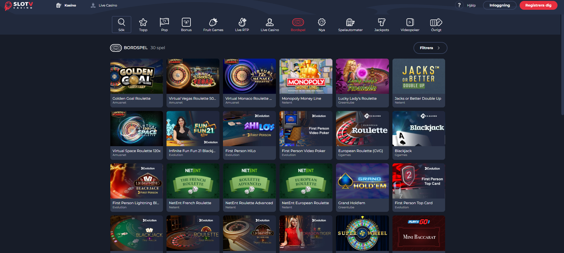 SlotV Casinos bordsspel med roulette, blackjack, poker och andra casinospel.