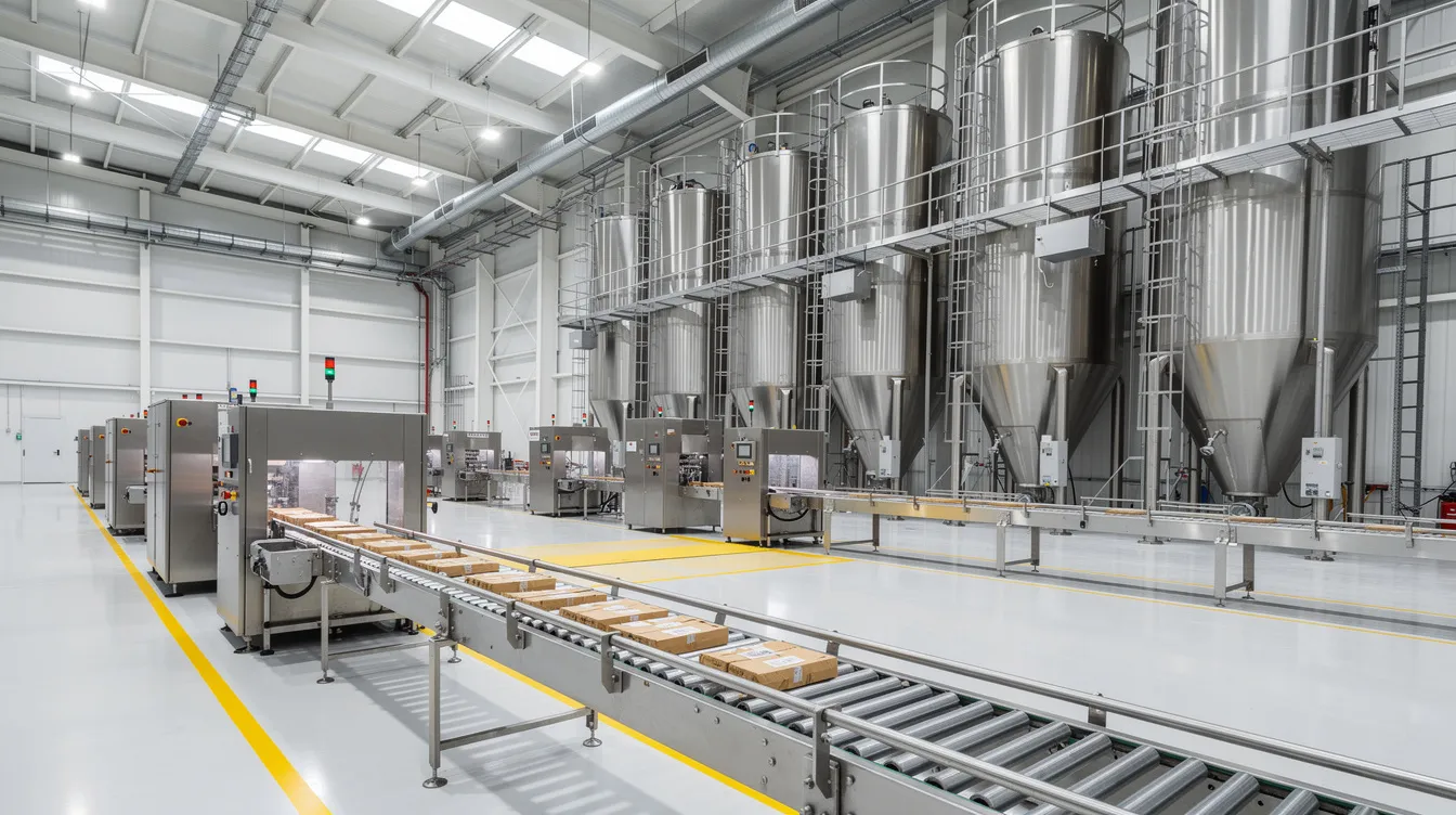 1c03cc9d 717e 4b26 8d0d 39b44ca0db97 The image depicts the interior of an industrial processing plant, featuring large metal machinery, conveyor belts, and metal silos, all within a clean factory environment. This setting is typical of the dal milling industry, where raw materials like pulses are processed efficiently for food production.
