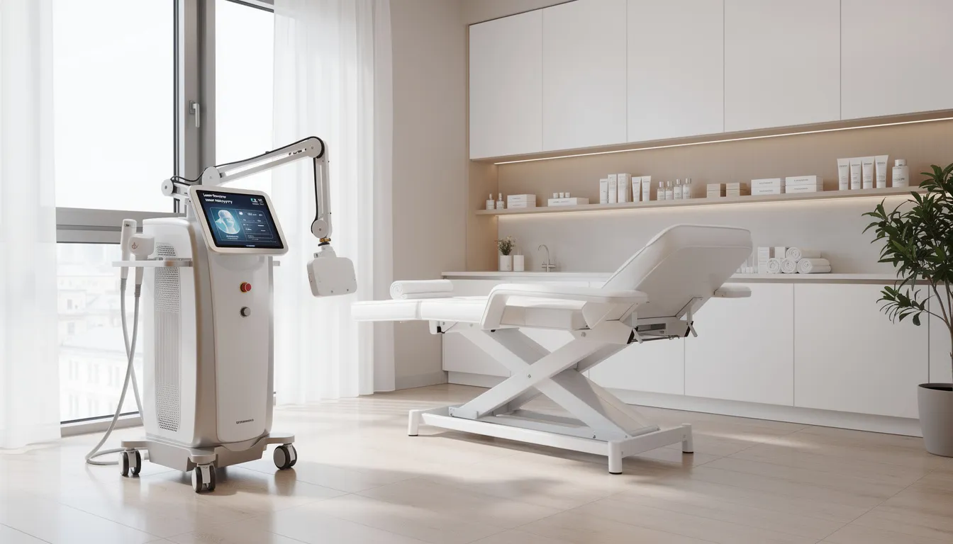 Nowoczesny gabinet kosmetologiczny wyposażony w profesjonalny sprzęt laserowy do skutecznego usuwania brodawek i kurzajek. Wnętrze jest eleganckie i dobrze zorganizowane, co zapewnia komfort podczas zabiegów takich jak laserowe usuwanie brodawek.