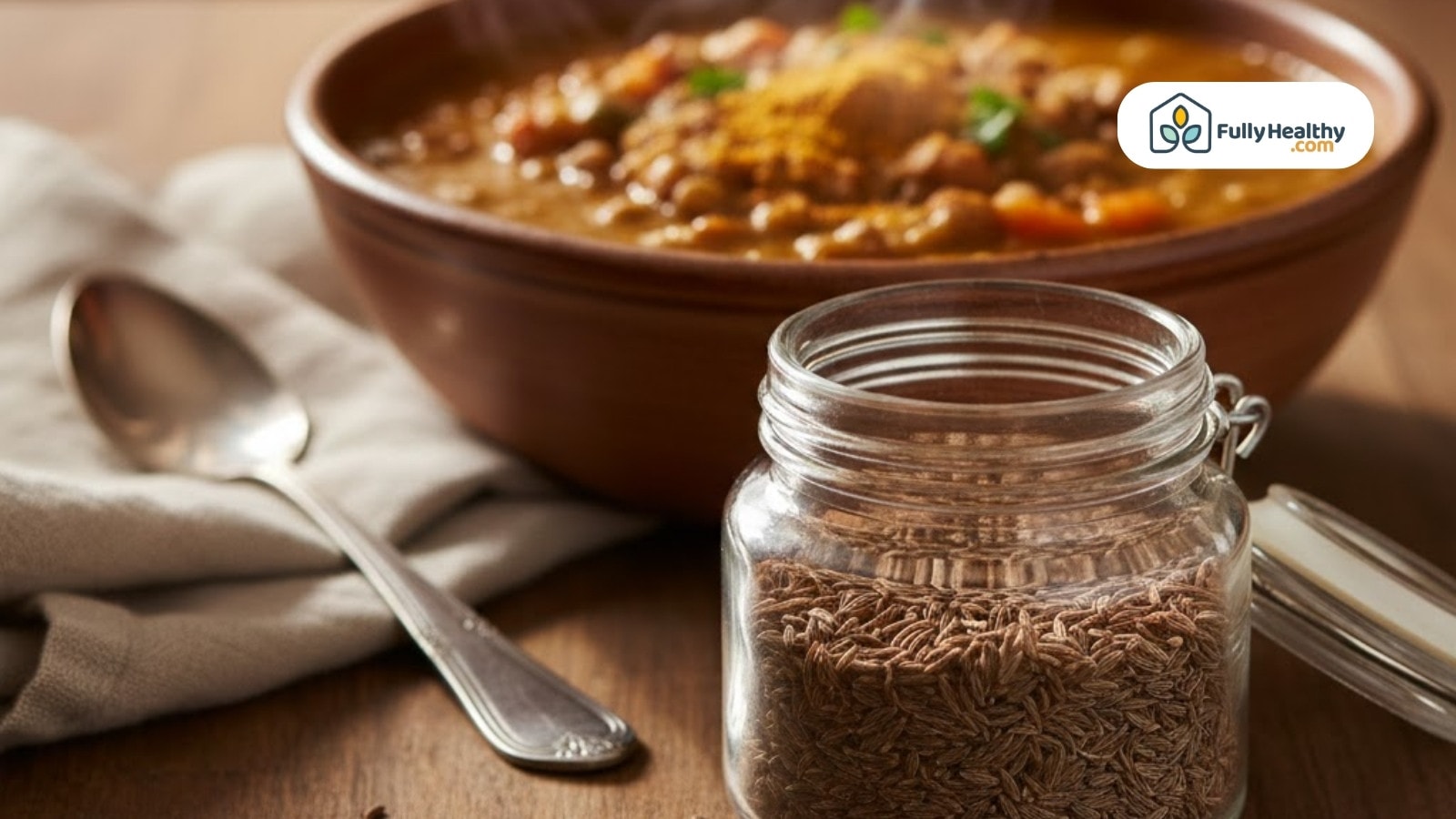Jar of cumin seeds beside bowl of hearty stew