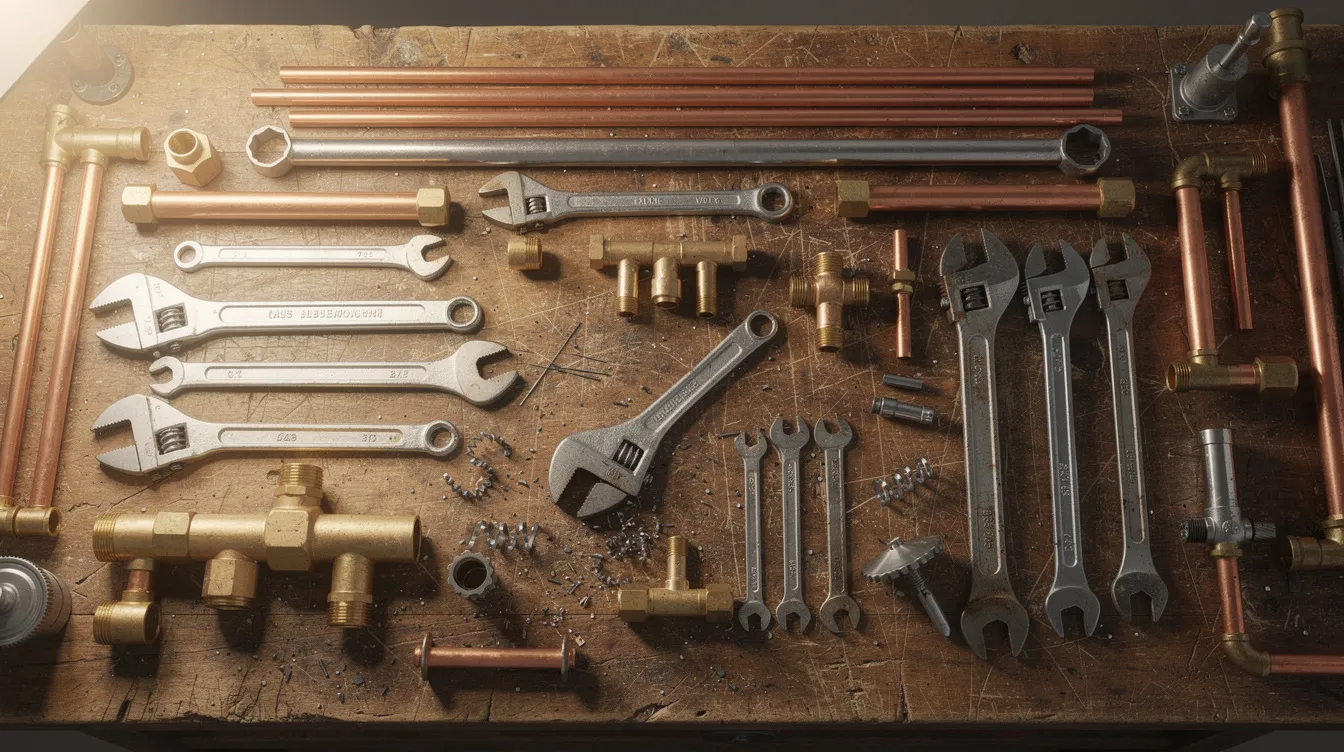 The image shows a variety of plumbing pipes, wrenches, and fittings neatly arranged on a workbench, illustrating essential tools and materials used by a licensed plumber for plumbing services, repairs, and installations. This setup highlights the equipment needed to address plumbing issues such as leaks and drain cleaning in both residential and commercial settings.