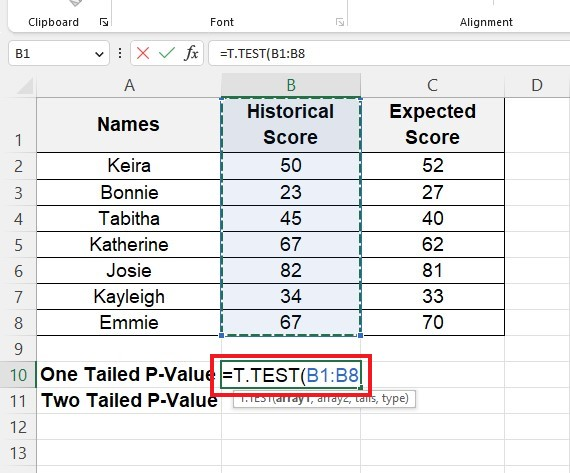 Type the T-TEST function and the first argument.