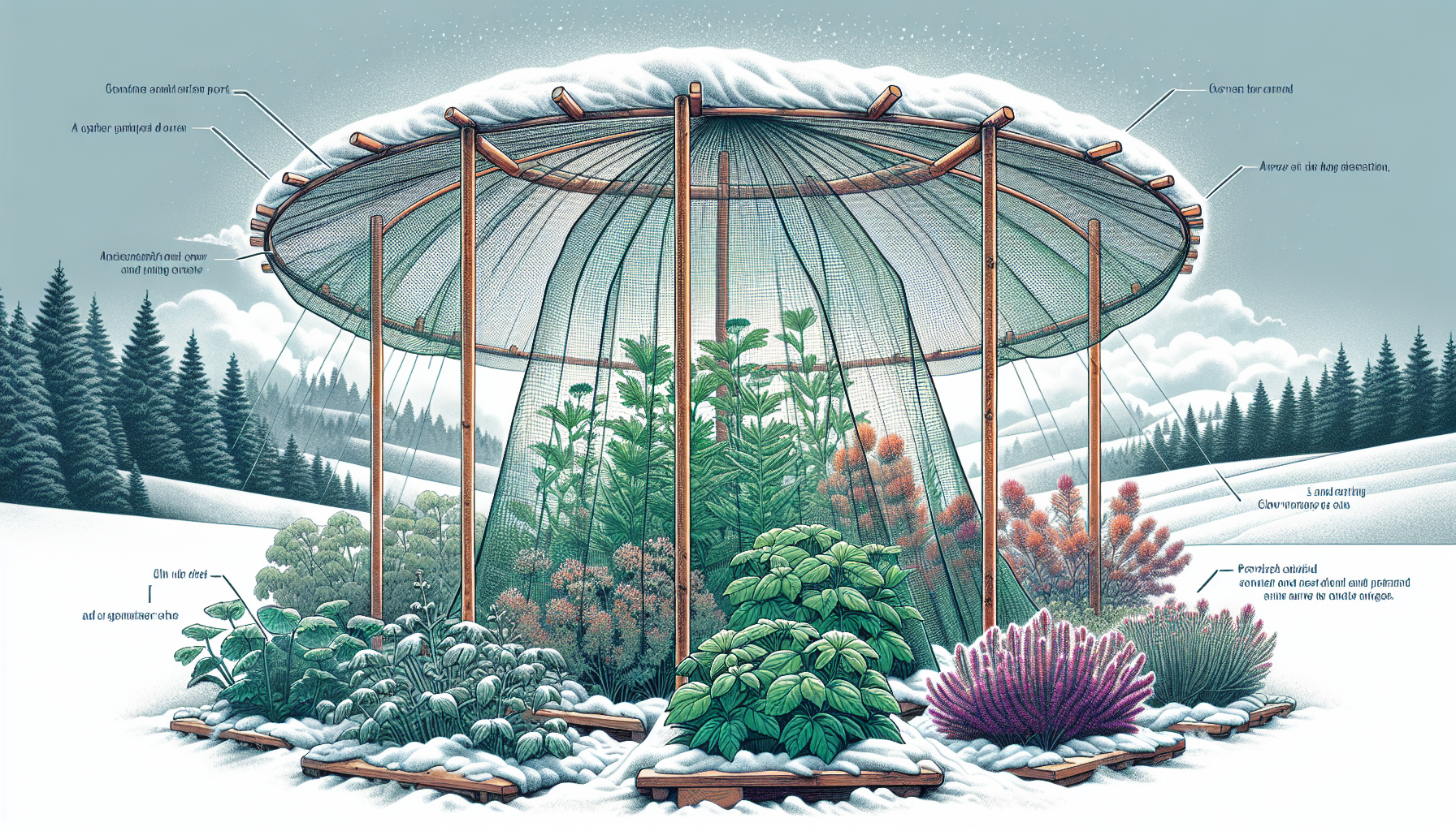 Lifting bird netting above plants to prevent snow accumulation