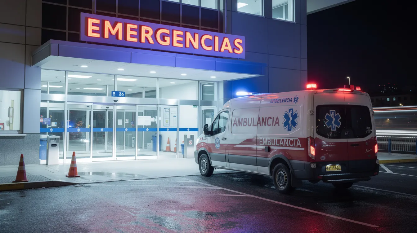 La imagen muestra la entrada de emergencias de un hospital, con una ambulancia estacionada frente a la puerta. Este lugar es crucial para atender a las víctimas de accidentes peatonales en Houston y otros casos de lesiones personales.