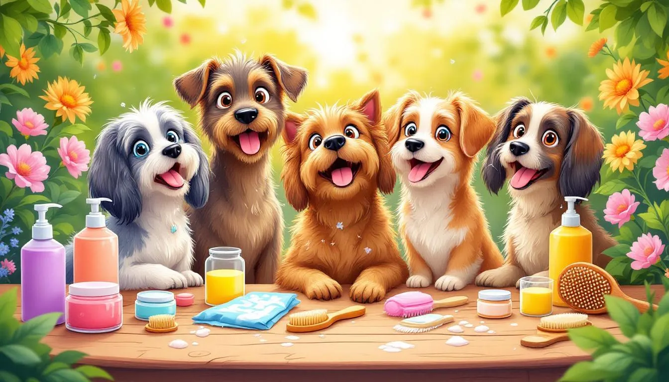 Natural grooming products for dogs including shampoos and balms.