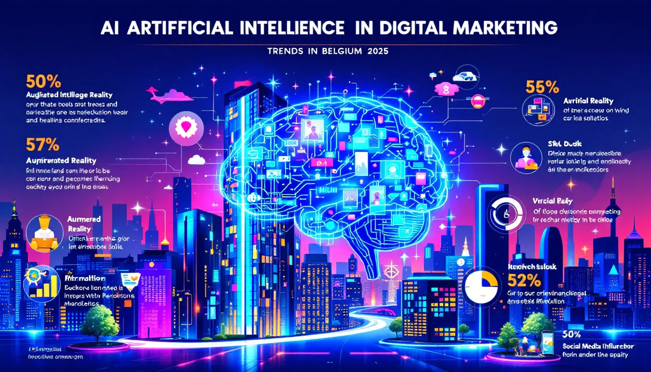 Een afbeelding die de toepassing van kunstmatige intelligentie in digitale marketing laat zien, met een focus op trends in België voor 2025.