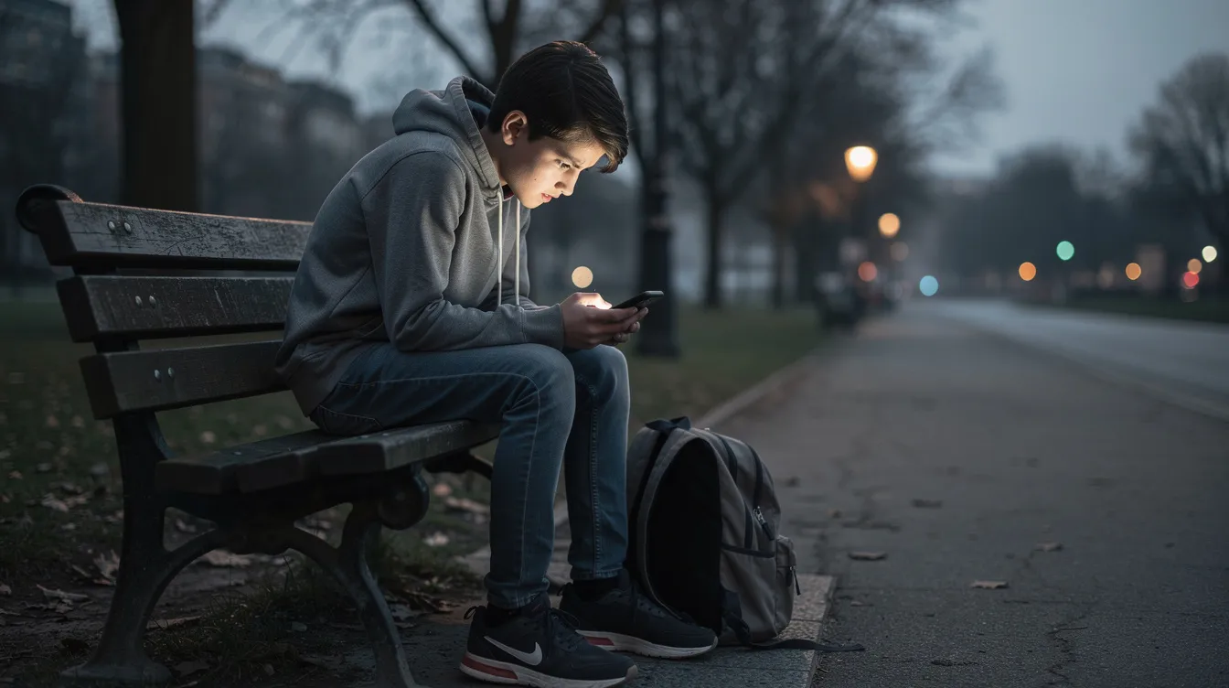 A teenager sits alone on a bench, looking at their phone with a worried expression, reflecting the struggles of dealing with peer pressure during their teenage years. This moment captures the anxiety and concerns many young people face regarding social norms and self-esteem.