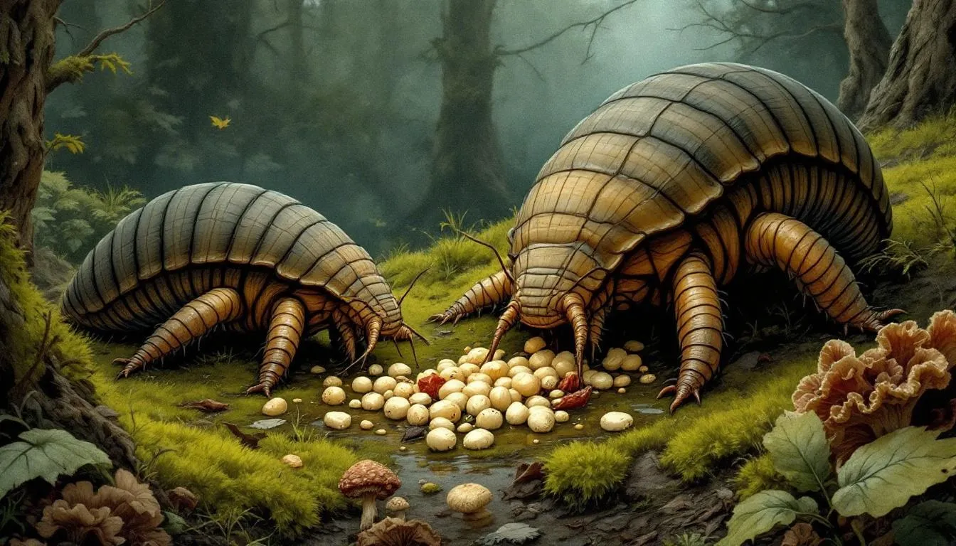 Giant woodlice feeding on organic matter.