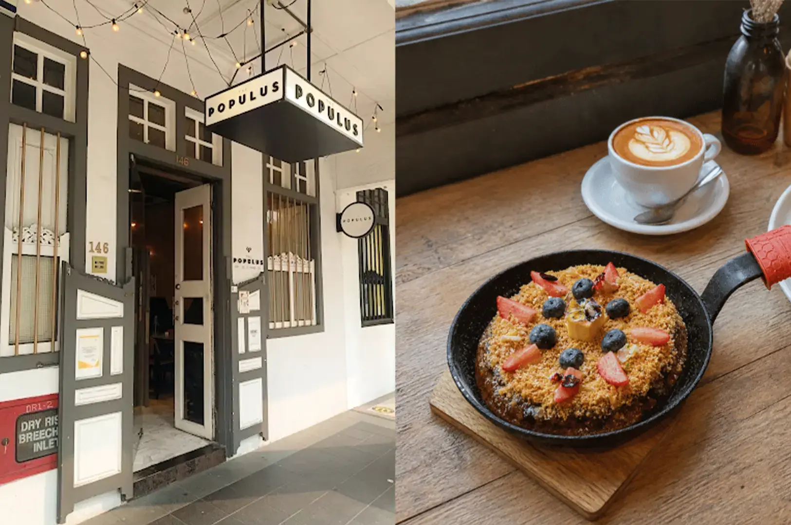 The Populus cafe exterior with a hanging square signage of their logo with white and black theme and a serving of their Buckwheat Pancakes with mixed berries together with their Specialty Coffee made with single origin beans