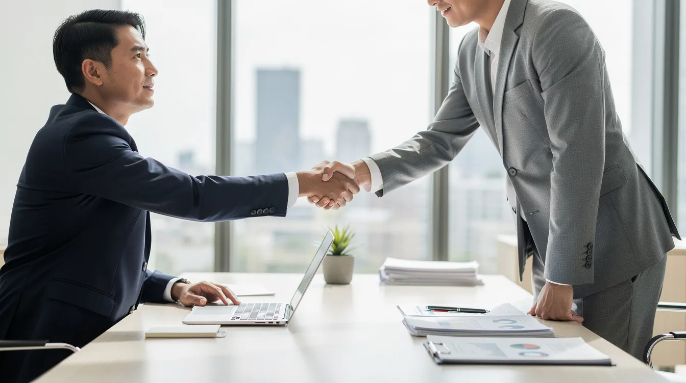 The image depicts two professionals shaking hands across a sleek, modern desk in a well-lit office, symbolizing the establishment of a dedicated advisor-client relationship focused on personalized financial strategies and investment goals. The setting conveys a sense of collaboration and trust in navigating financial decisions.