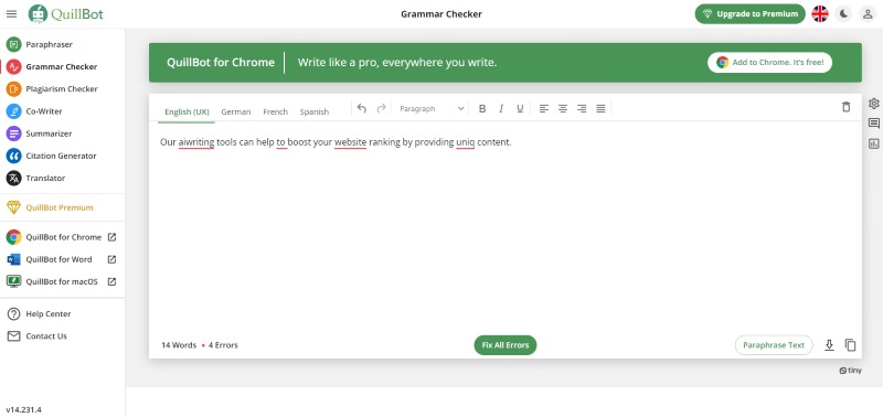 screenshot of quillbot grammar checker tool