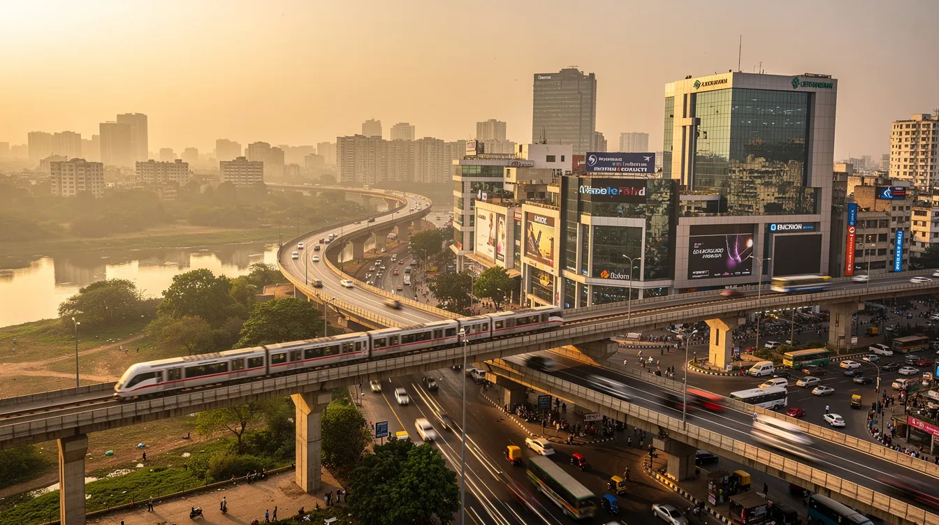 The image showcases a panoramic view of modern Lucknow city, featuring bustling flyovers, a metro rail system, and a skyline filled with commercial buildings, symbolizing the city's rapid urban development. This vibrant scene reflects the growing demand for business opportunities in Lucknow, including low investment business ideas and digital marketing services, catering to an increasing urban population.