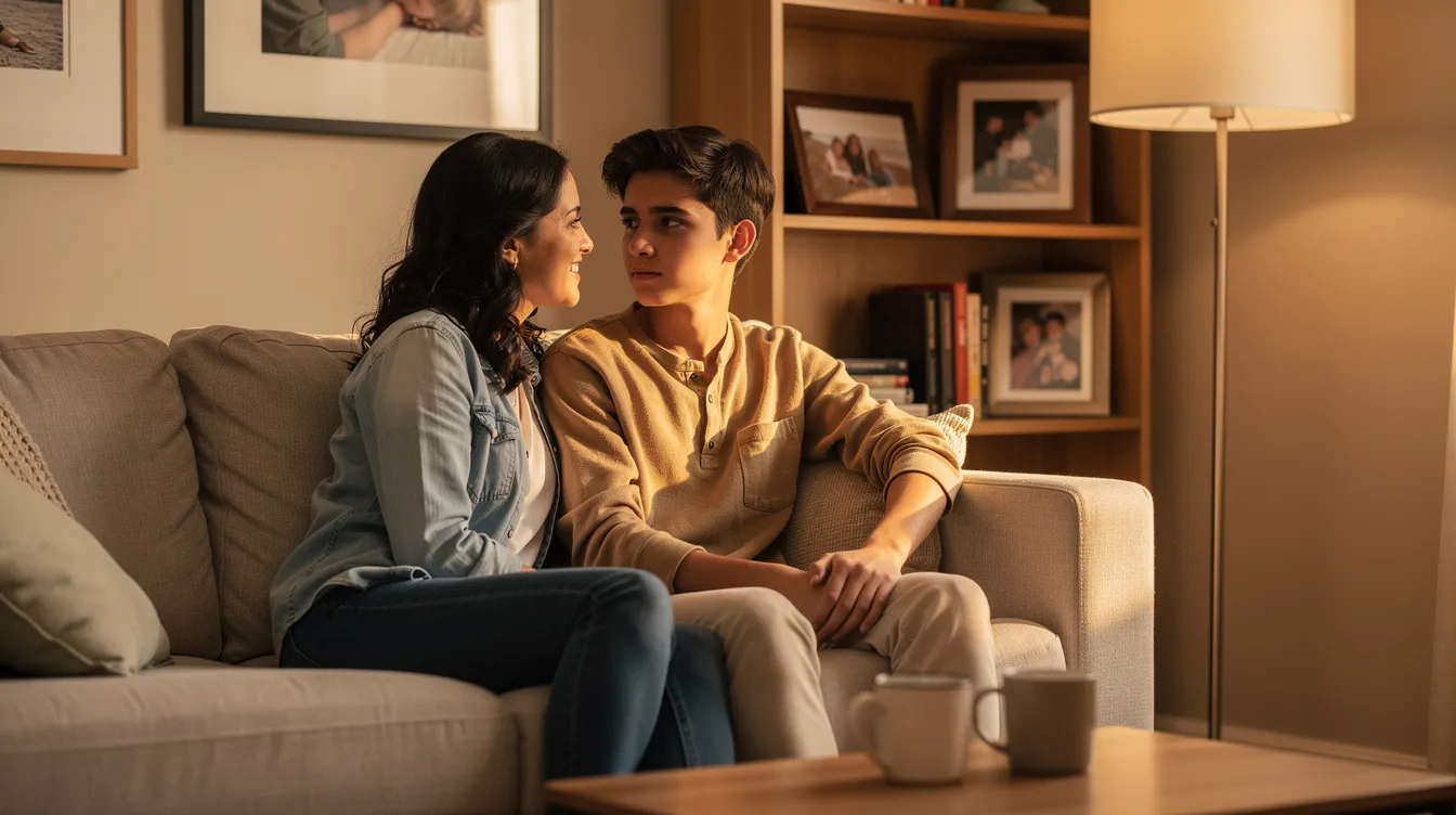 A parent and teenager are sitting on a cozy couch in a warm living room, engaged in a calm and supportive conversation, which emphasizes the importance of open communication about mental health and coping skills for emotional distress. This moment highlights the significance of offering support to loved ones who may be struggling with self harm behaviors or mental health conditions.