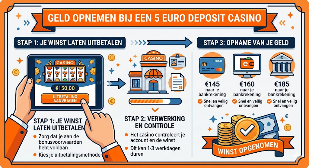 Infographic over geld opnemen bij een 5 euro deposit casino, met uitleg hoe spelers na een minimale storting van 5 euro hun winst kunnen laten uitbetalen bij online casino’s via veilige betaalmethoden en snelle uitbetalingen.