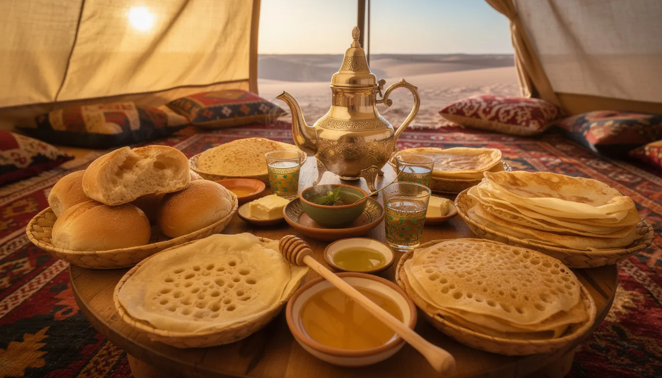A traditional Moroccan breakfast is beautifully arranged in an outdoor tent, featuring mint tea, freshly baked bread, and honey, creating a warm and inviting atmosphere perfect for enjoying the morning sun. This delightful spread captures the essence of Moroccan culture, ideal for those preparing for an unforgettable hot air balloon ride over the stunning landscapes of Marrakech and the High Atlas Mountains.