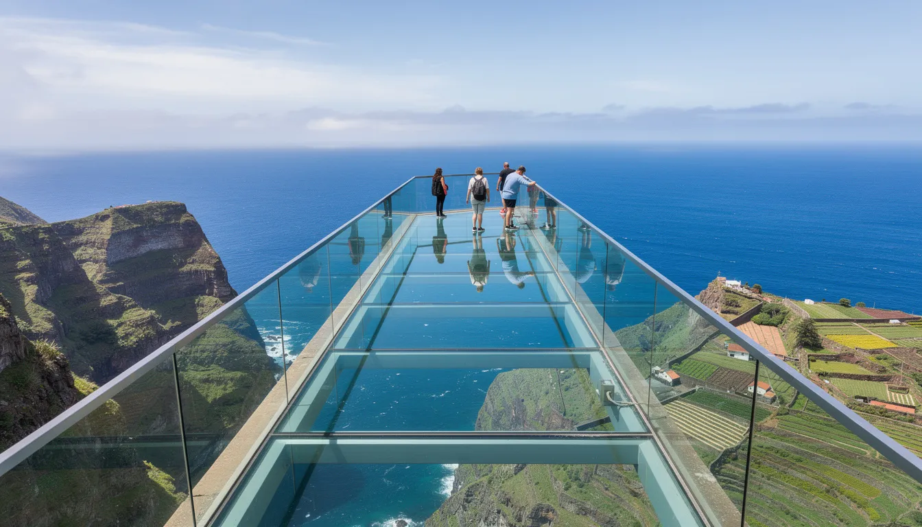 La plateforme vitrée de Cabo Girão offre une vue imprenable sur l'océan et les cultures en terrasses typiques de l'île de Madère. Ce point de vue spectaculaire attire de nombreux touristes souhaitant admirer les paysages majestueux tout en planifiant leur location de voiture pour explorer les routes environnantes.